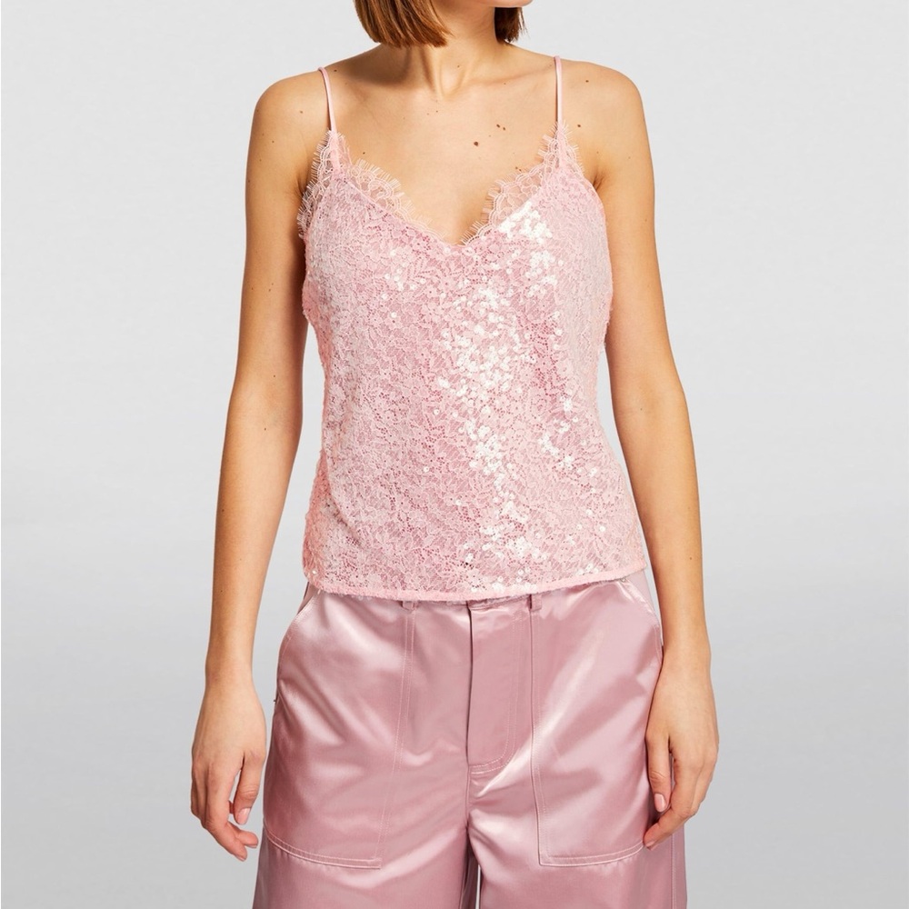 STAUD Pink Lace & Sequin Camisole Tank Top